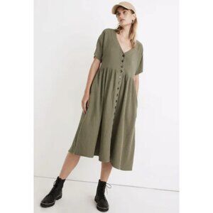 MADEWELL Lightspun Button Front Midi Dress Medium Gauzy Tiered Olive Green Boho